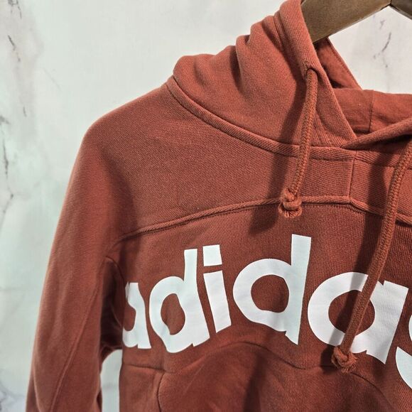 Adidas Hoodie Womens XS Orange Fleece Cropped Elastic Sweatshirt Pullover fh7636 - Picture 2 of 14